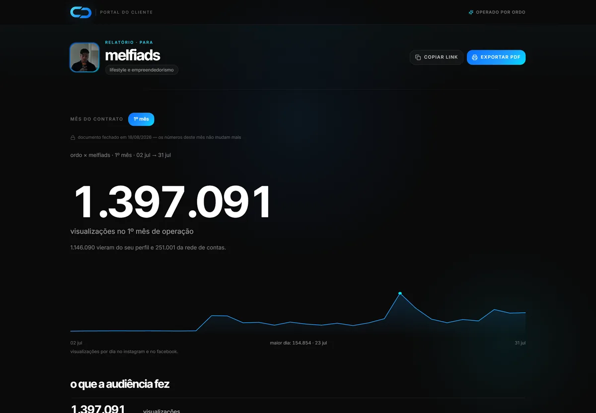 relatório mensal fechado, com o total de visualizações e a curva do mês