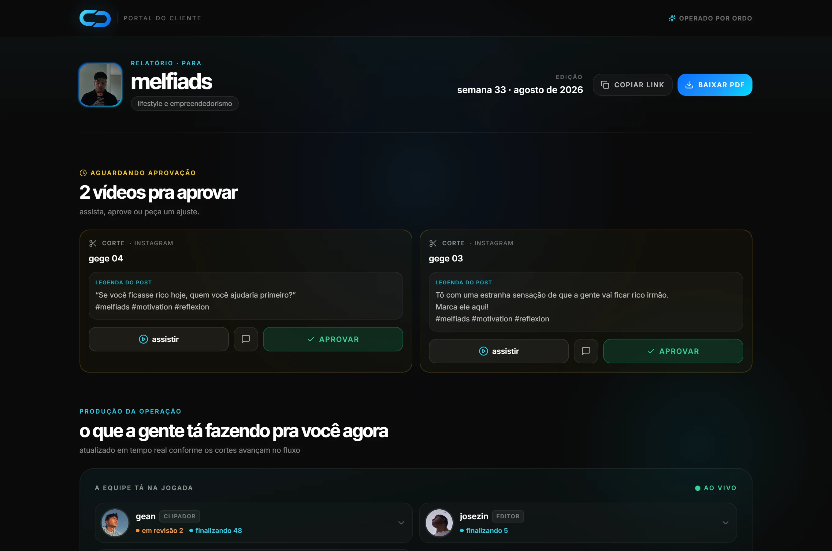 Portal do cliente da ORDO: vídeos pra aprovar e a equipe trabalhando ao vivo