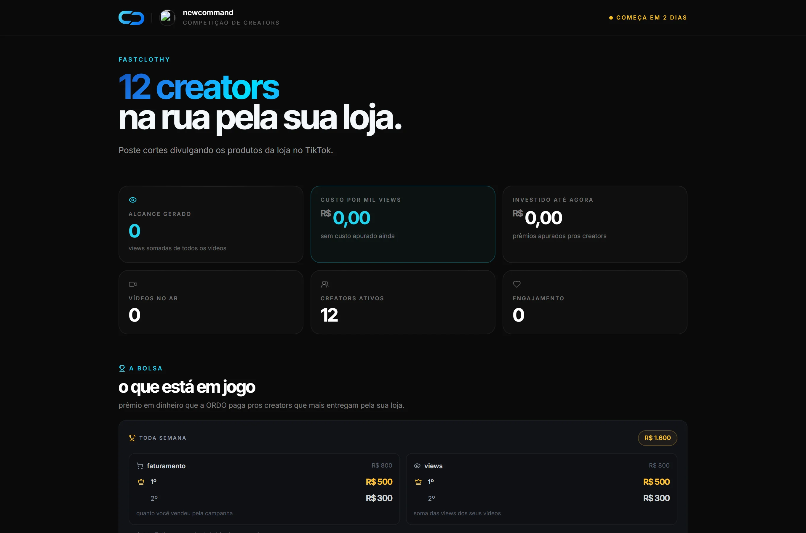 Portal da campanha de creators: competição, prêmios e métricas ao vivo